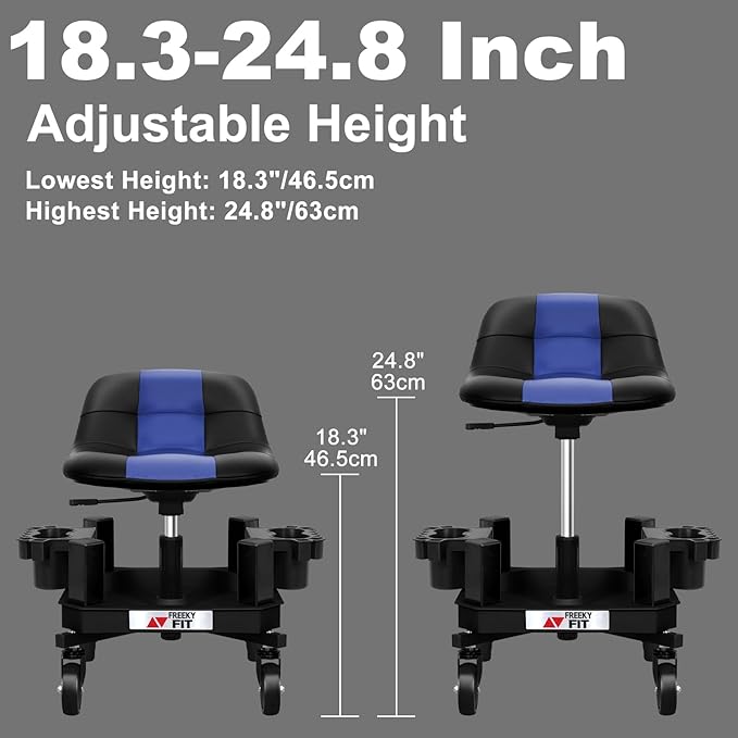 Rolling Stool with Wheels, Adjustable Shop Stool Mechanic Chair Seat Garage Shop Roller Work Chair Mobile Rolling Seat with Tool Tray, 2 Cup Holders, 4" Casters, 350 LBS, Heavy-Duty, Blue