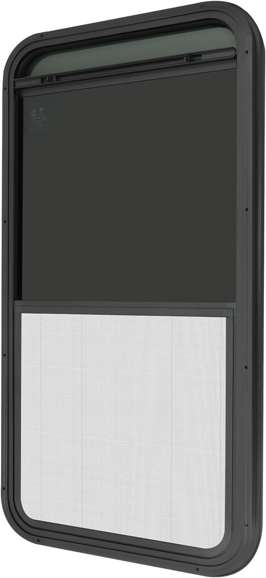 18" W x 35" H RV Window Vertical Sliding, DOT Certified - Shatterproof Tempered Tinted Glass, with Net Screen and Trim Ring, Teardrop Replacement Trailer Camper Window