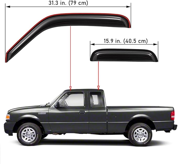 Lightronic Extra Durable Tape-on Auto Vent Window Visor, Fits 1999-2011 Ford Ranger SuperCab w/Fixed Rear Window; 1999-2010 Mazda B-Series Ext. Cab, UV Protect Rain Guard Wind Deflector, Smoke, 4-Pcs