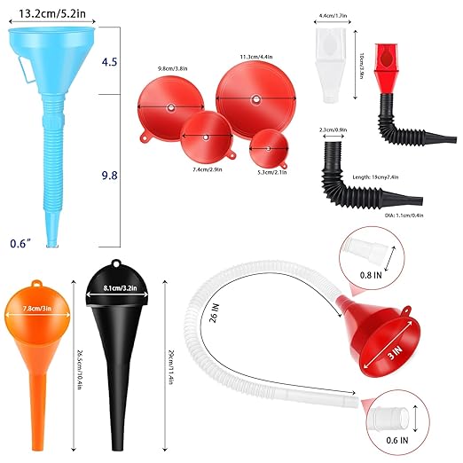 Umbresen Oil Funnels Set, Automotive Fuel Funnels, Wide Mouth Gas Funnel with Handle, Large Funnels with Hose, Plastic Long Neck Oil Funnels, Gasoline Funnel Kit for Water, Fuel, Oil Change (10)
