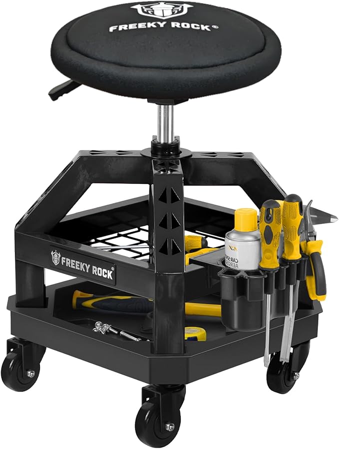 Rolling Shop Stool with Wheels, Heavy Duty Garage Work Mechanic Stool, Adjustable Height 22.44"-28.94", 360°Swivel Rolling Chair with Tool Tray Storage, 330 LBS Capacity, Black