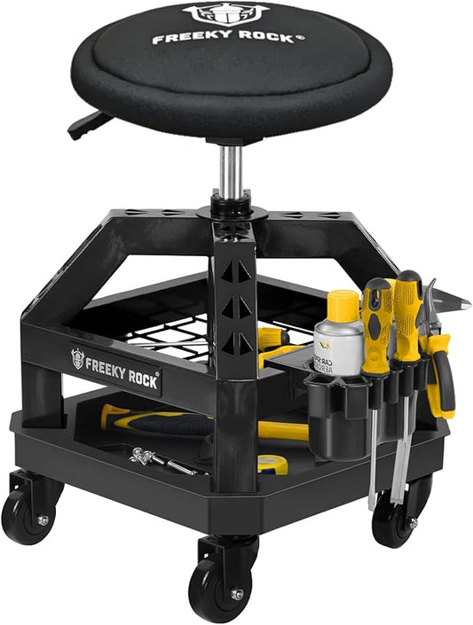 Rolling Shop Stool with Wheels, Heavy Duty Garage Work Mechanic Stool, Adjustable Height 22.44"-28.94", 360°Swivel Rolling Chair with Tool Tray Storage, 330 LBS Capacity, Black