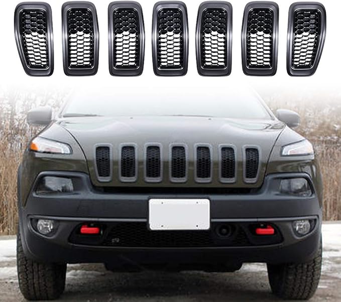 Astra Depot 7pcs Matte Black Mesh Honeycomb with Retro Gray Dark Ring Front Grille Grill Inserts Covers Compatible with 2014-2018 Jeep Cherokee