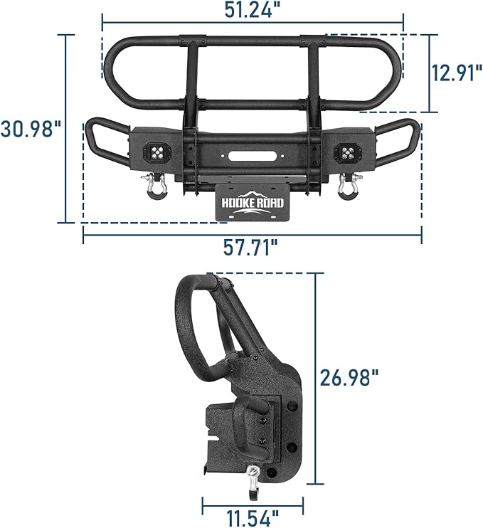 Hooke Road Wrangler Stubby Front Bumper Brush Guard Bull Bar for 2007-2018 Jeep Wrangler JK & Unlimited 2/4 Doors, Rock Crawler Tubular Offroad Bumper with Winch Plate, Lights & D-rings