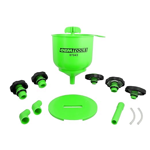 OEMTOOLS 87043 No-Spill Professional Quality Coolant Funnel Kit, Easily Fill Antifreeze Coolant Set Includes 5 Adapters, Extensions, and Automotive Funnel, Air Venting, Drip-Free, Green