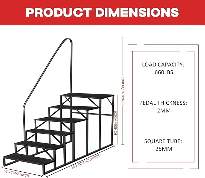 6 Step RV Steps with Handrail, Hot Tub Steps Outdoor, Portable RV Stairs, Heavy Duty Truck Camper Steps Ladders for Travel Trailers, 5th Wheel, Motor Home, Spa, and Porch