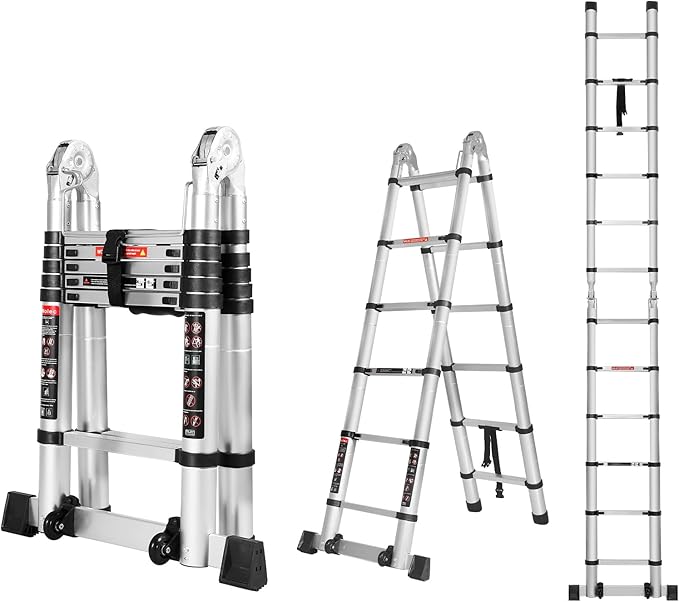 12.5 FT A Frame Telescoping Ladder, Extension Multi-Purpose w/Balance Bar & Wheels, Ladder A Frame, Heavy Duty 330 lbs Max Capacity, Ideal for Home and Outdoor Work, Silver