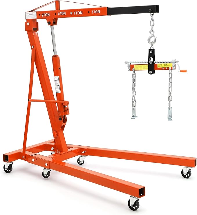 2-Ton Folding Engine Hoist Cherry Picker 4400 Lb Capacity Hydraulic Shop Crane with Telescoping Boom 6 Caster Wheels for Automotive Repair (Yellow, Engine Hoist with Leveler)