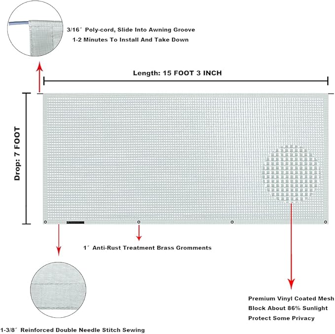 Tentproinc RV Awning Sun Shade Screen 7' X 15' 3'' (Fit for 16' Awning) Mesh Screen Sunshade Camper Trailer Motorhome Awning Shadescreen UV Blocker Complete Kits - 3 Year Warranty (Gray)