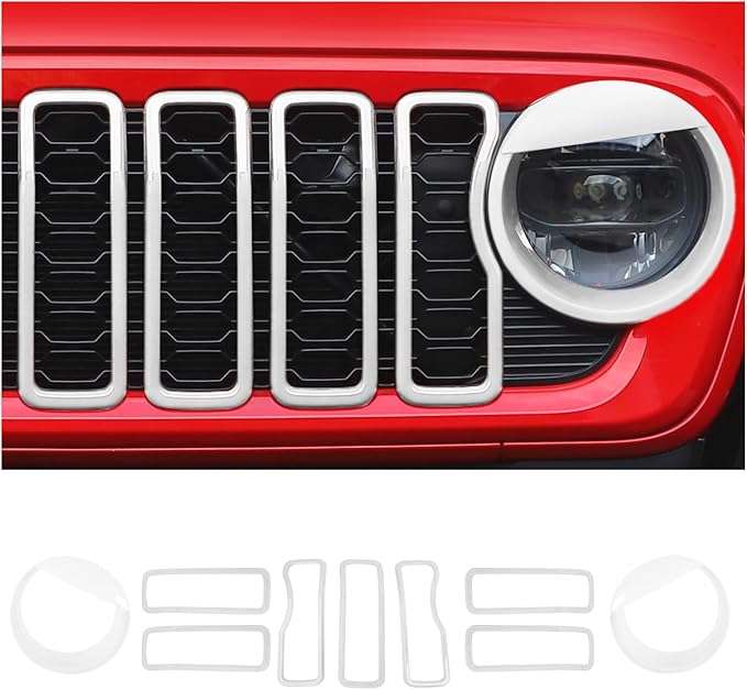 Front Grill Insert+ Headlight Bezels Cover Kit Compatible with 2024-2025+ Jeep Wrangler JL JLU & Gladiator JT, Not Fit for JL Sport & Sports(Wihte,Style A)