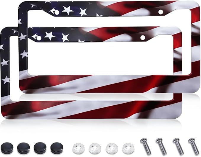 2Pcs American Flag License Plate Frames - KMBCAM Universal Aluminum License Plate, Gloss Patriotic License Plate Cover Hold for Car for Men with Free Screws Caps, Gifts for Friends or Family.