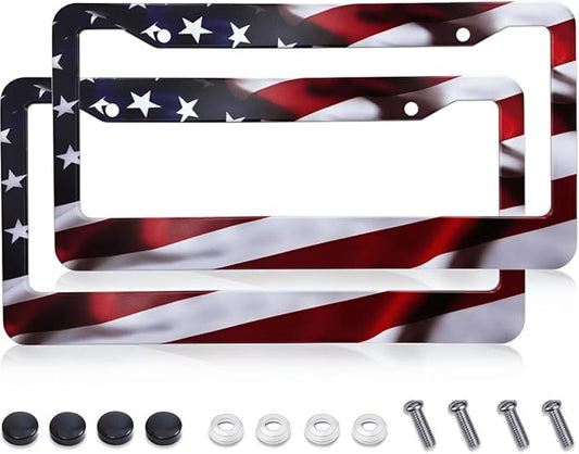 2Pcs American Flag License Plate Frames - KMBCAM Universal Aluminum License Plate, Gloss Patriotic License Plate Cover Hold for Car for Men with Free Screws Caps, Gifts for Friends or Family.