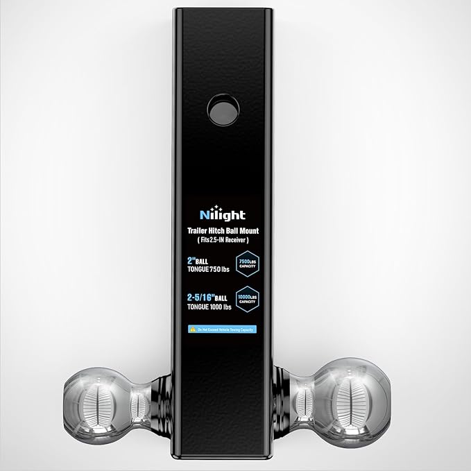 Nilight Multi-Ball Trailer Hitch Ball Mount, 2 & 2-5/16 Inch Balls, Dual Ball Mount fits 2-1/2-Inch Hitch Receiver, Chrome Plating