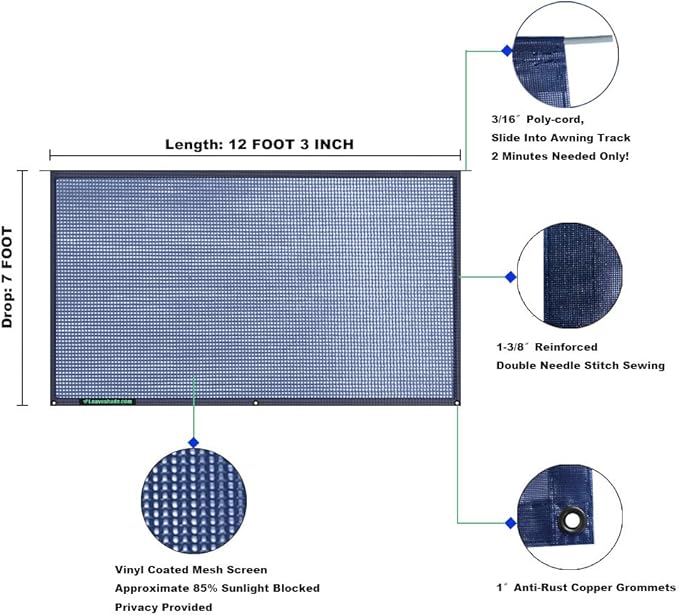 Tentproinc RV Awning Sun Shade Screen 7' X 12' 3''(Fit for 13' Awning) Mesh Sunshade for Motorhome Camping Trailer Awning Screenshade Block UV Glare Sunblocker - 3 Year Warranty (Navy Blue)