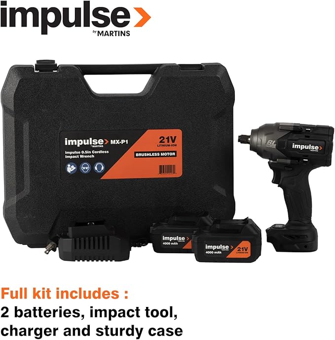 Impulse 1/2" Cordless Impact Wrench Kit with Two 21V Lithium-ion Batteries Included, Hight-torque 797 ft-lb, Charger, 3-Speed, Brushless Motor-type, Design for Heavy-duty Applications