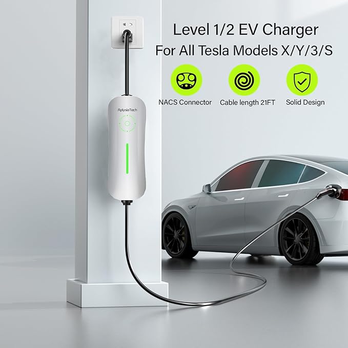 Level 1/2 EV Tesla Charger,16A 120V/240V Tesla Home Charging Station, 21FT Cable NEMA 6-20 Plug NEMA 5-15 Adapter, NACS Connector, Travel Portable Wall Charger for Tesla Model Y/3/S/X