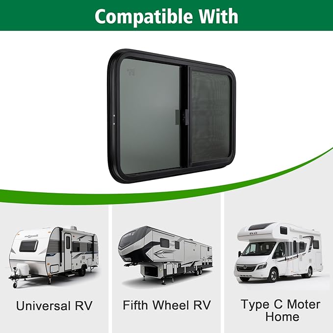 Dulepax Horizontal RV Window, 21" W x 14" H Tinted Slide Trailer Window, Tempered Glass Camper Window Replacement with Net Screen and Trim Ring, DOT Approved