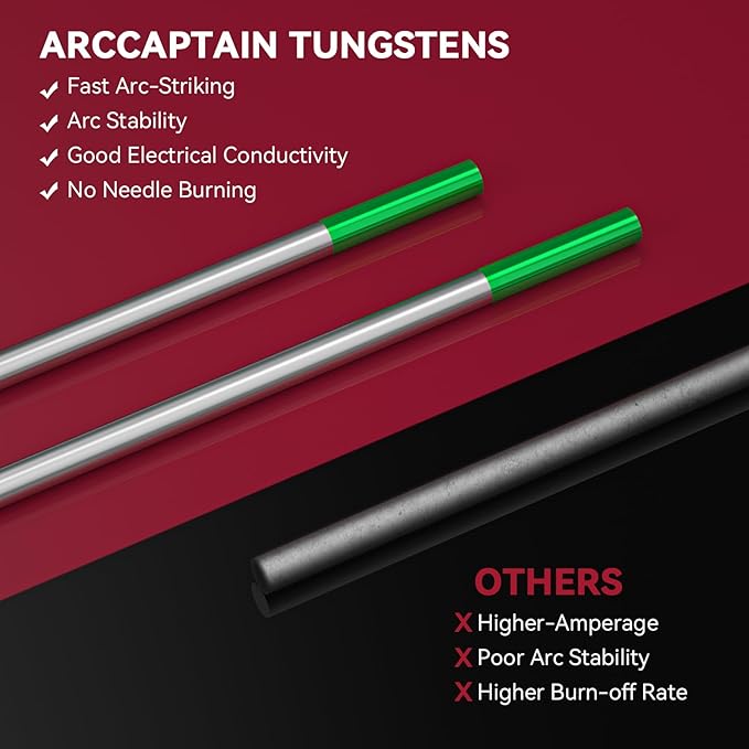 ARCCAPTAIN TIG Welding Tungsten Electrode 10-Pack 3/32"x 7"(Green - Pure Tungsten, WP, EWP)