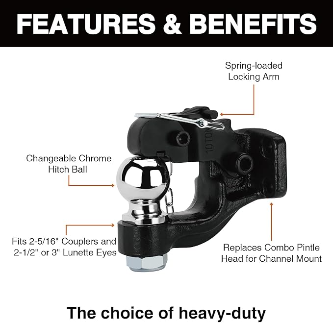 Pintle Hook Pintle Hitches Receiver Hook 10 TON Combination Hitch Ball 2-5/16” Fits Hitch Hook Military Receiver 12000 lbs