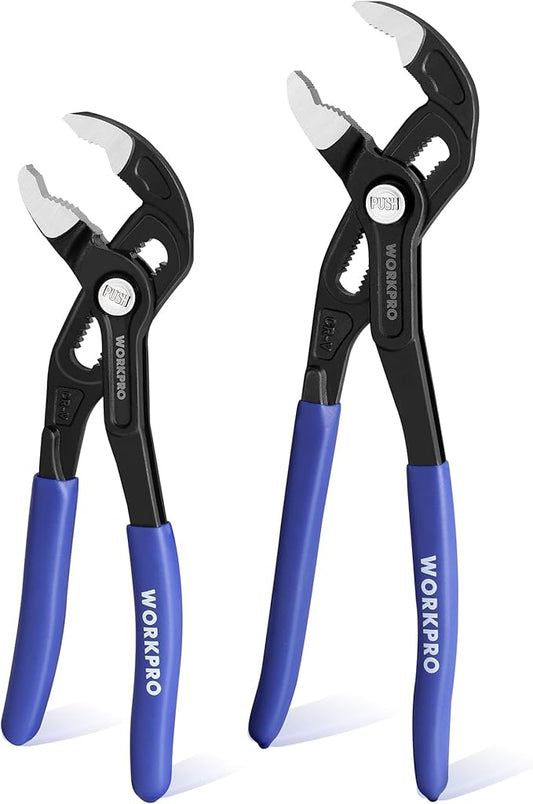 WORKPRO 7" & 10" Groove Joint Pliers Set, V-Jaw Quick Adjustable Pliers, CR-V Steel, Upgraded Wide Opening, Dual Serrated, Water Pump Plier for Home & Industrial Repair, Soft Grip