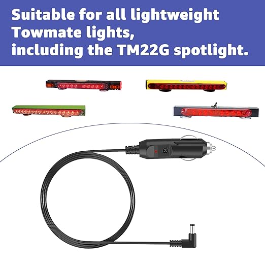 12V Replacement Charging Cable for Towmate Towlight Bars - Compatible with TM22G Limelight & All Light Duty Towmate Lights - Standard DC Charge End