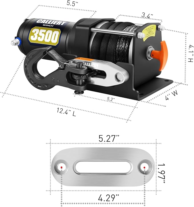 CALLIERT 3500LB Powerful Electric Synthetic Winch 12V DC ATV UTV Winch, 3/16'' Synthetic Rope Waterproof Powerful Winch with Wireless Remote Control Switch and Mounting Bracket