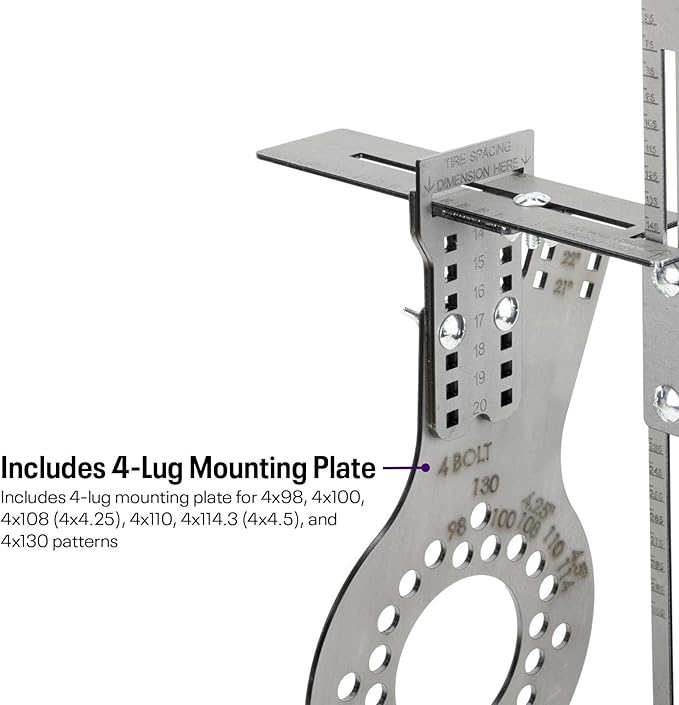 Speedway Motors WheelWise™ 4-Lug Wheel Fitment Tool with Tire Size Attachment, Simulates 14-22 Inch Rim Diameter, 8-14 Inch Tire Width, 2.5-11.5 Inch Sidewall, Laser Cut Steel