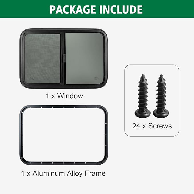 Dulepax Horizontal RV Window, 20" W x 15" H Tinted Slide Trailer Window, Tempered Glass Camper Window Replacement with Net Screen and Trim Ring, DOT Approved