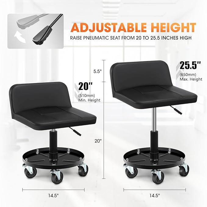 DNA Motoring Rolling Padded Seat Adjustable Height Seat 330lbs Capacity Rolling Mechanic Creeper Stool, W/Tool Storage Drawer & Tray, Black, TOOLS-00601