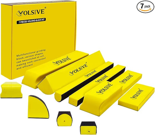 VOLSIVE 7pcs Hand Sanding Block Set, Rectangle Handheld Sanding Pad, Hook and Loop Interchangeable Assorted Shapes, for Sanding or Polishing in Auto Body and Paint Shops - Yellow