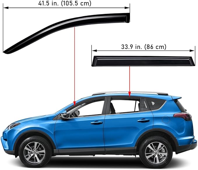 Lightronic Extra Durable Outside-Mount Auto Vent Window Visor, Fits 2013-2018 Toyota Rav4, UV Protection Rain Guard, Original Wind Deflector, No-Drill Easy Install, Dark Smoke, 4-Pcs