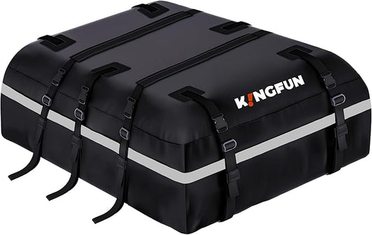 Kingfun Car Rooftop Cargo Carrier – Waterproof 20 Cubic Feet Car Roof Bag Fit All Vehicles with/Without Roof Racks, Includes Anti-Slip Mat, 8 Reinforced Straps & 6 Door Hooks, Luggage Locks（Black）