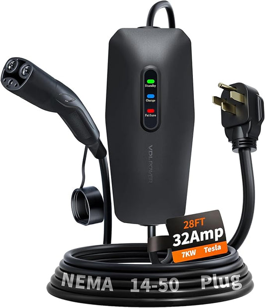 Level 2 EV Charger for Tesla 32Amp, 7KW Electric Vehicle Portable Charger with 28FT Cable, Home EV Charging Station for Tesla, 240V NEMA 14-50 Plug