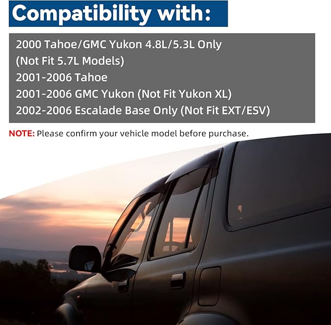 4pcs Window Visors Compatible with Tahoe Yukon 2000-2006 Compatible with Escalade Base 2002-2006 Front+Rear Smoke Sun/Rain Guard Outside Mount Tape-On