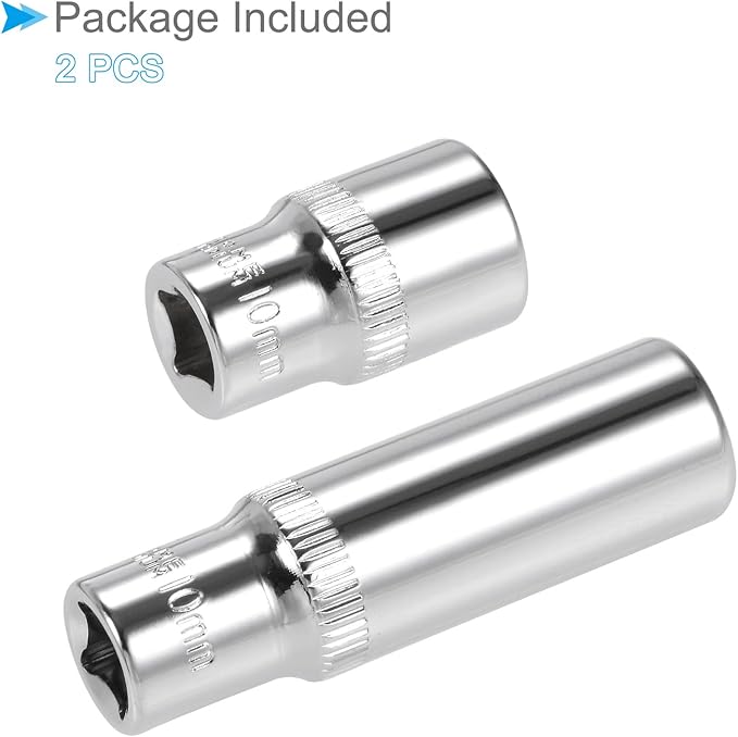 6-Point Socket, 1/4" Drive 10mm Deep, Polished Chromed CR-V Metric Deep and Shallow Impact Socket - (Applications: for Ratchet Torque Electric Wrenches Car Repair), 2-Pieces