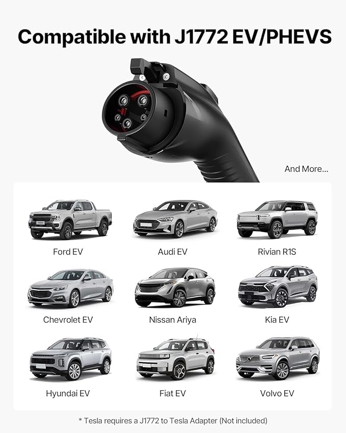 VEVOR Level 2 EV Charger, 40 Amp Adjustable Current, 240V Electric Vehicle Portable Charger with 25 ft Charging Cable, LCD Display, NEMA 14-50P Plug, Plug-in Home Car Charging Station for SAE J1772 EV