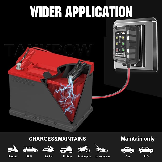 1.5-Amp Car Battery Charger,6V/12V/14.6V Automotive Battery Chargers,Battery Maintainer,Trickle Charger,Float Charger for Cars,Motorcycle,ATV,Gel,AGM,12V Lithium(LiFePO4) Deep Cycle Batteries