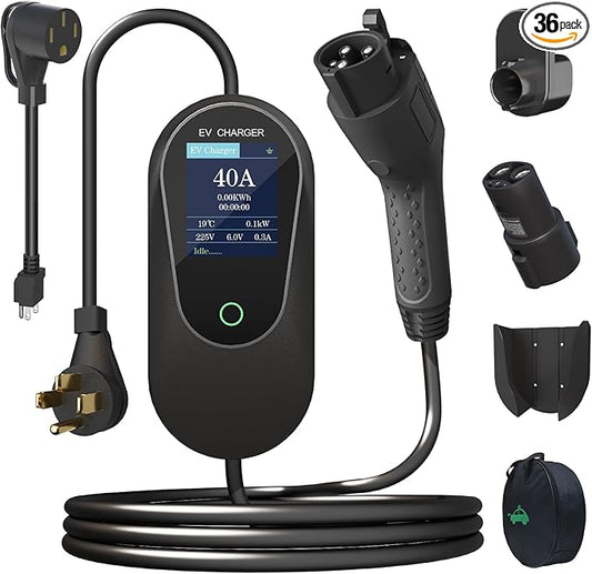 40 Amp Level 2 / Level 1 Portable EV Charger Station for SAE J1772 EV Cars (240 Volt, 25ft Cable), FCC and UL Certified, with NEMA 14-50 Plug and 5-15 to 6-20 Plug Options and J1772 to Tesla Adapter