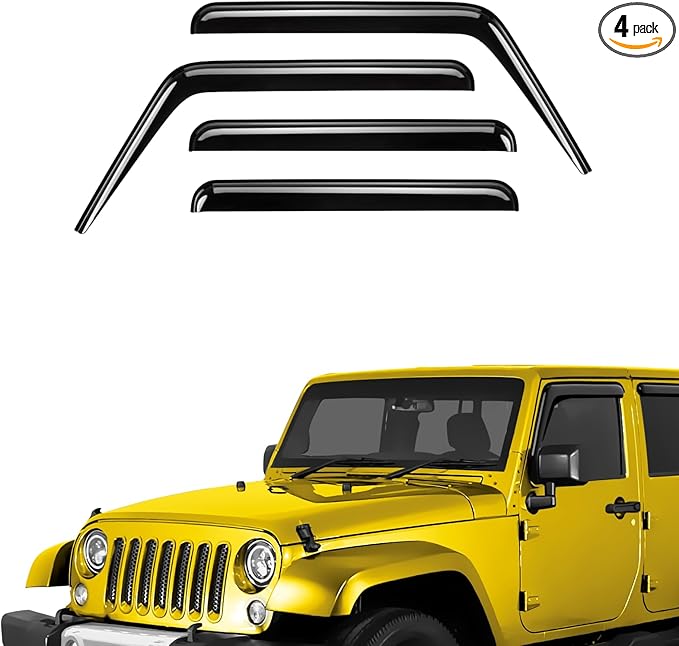 Extra Durable Window Deflectors Tape-On Window Visors Rain Guards Fit for Jeep Wrangler JK 2007-2018, Sun Visors, Wind Vent for Shades, Exterior Car Accessories - 4pcs. AG0083