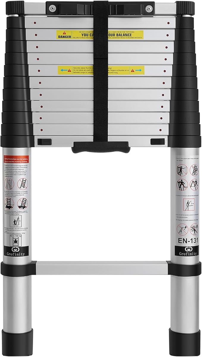 12.5 FT Aluminum Telescoping Ladder, One Button Retraction Extension Ladder, 375 lbs Load Capacity with Non-Slip Wide Feet, Compact Portable for Indoor Outdoor Use, RV, Attic and Roof Use