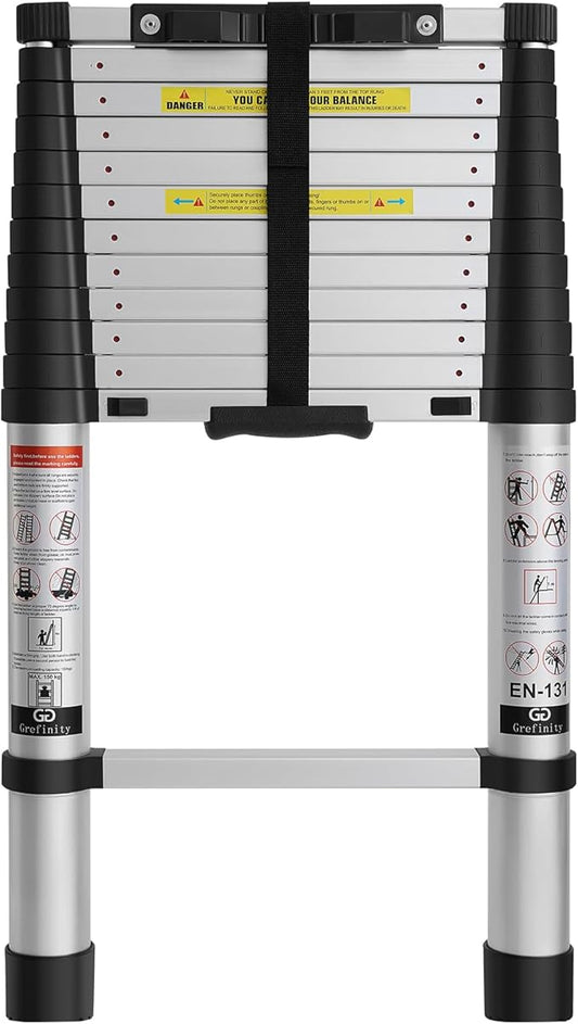 12.5 FT Aluminum Telescoping Ladder, One Button Retraction Extension Ladder, 375 lbs Load Capacity with Non-Slip Wide Feet, Compact Portable for Indoor Outdoor Use, RV, Attic and Roof Use