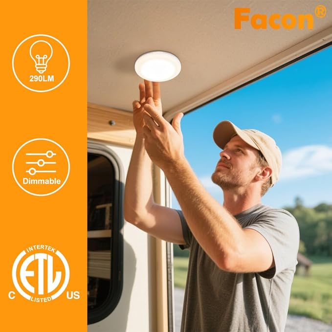 Facon 4.5" LED RV Puck Light Surface Mount - 2Pack, SY-SM45 12V RV Dome Light with Switch, 290LM Cool White (4000K), Ideal for RVs, Motorhomes, Campers, Marine Vehicles