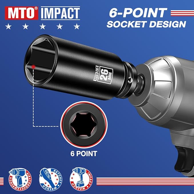 MTO 1/2" Drive 26mm Deep Impact Socket, 6-Point Metric Socket for Automotive Maintaince, CR-V Steel Meets ANSI Standards