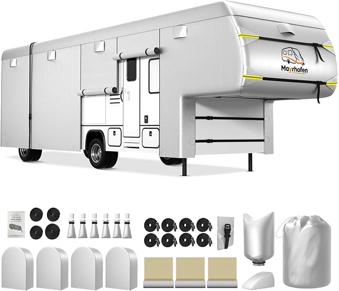 600D Oxford Fabric 5th Wheel Cover 33-37ft RV Cover, 6 Layers Waterproof Rip-Resistant Anti-UV Motorhome Camper Cover with Tongue Jack Protection, Tire Covers, Windproof Straps