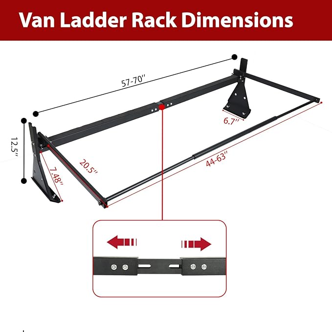 hightall Universal Van Ladder Rack with Roller,Adjustable Length 57-70" with Cargo Stoppers for Van with Rain Gutter,Compatible with Chevy Express 1500 2500 3500 Ford Econoline GMC Savana