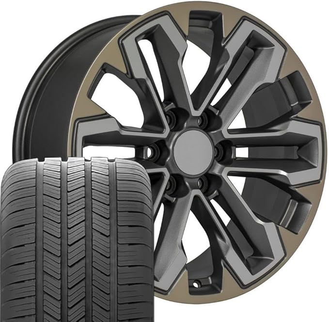 OE Wheels CV69 20 Inch Rims and Tires Fit Silverado 1500 Style 6x139.7 20x9 Satin Gunmetal Machined Face - Two Tone - Hollander 5905 - Eagle LS2 275/55-20 (Set of 4)