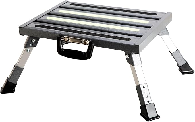 Aluminum RV Steps, 4-Level Adjustable Folding Step Stool with Non-Slip Rubber Feet, Non-Slip Fluorescent Strip Platform Rv Accessories, Supports Up to 1000 lbs - Gray