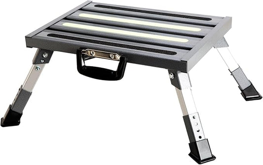Aluminum RV Steps, 4-Level Adjustable Folding Step Stool with Non-Slip Rubber Feet, Non-Slip Fluorescent Strip Platform Rv Accessories, Supports Up to 1000 lbs - Gray
