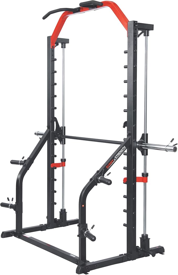 Sunny Health & Fitness Premium Smith Machine & Squat Cage Rack, Pull-Up Bar, Spotter Blocks for Weightlifting & Bench Press for Home Gym Strength Training