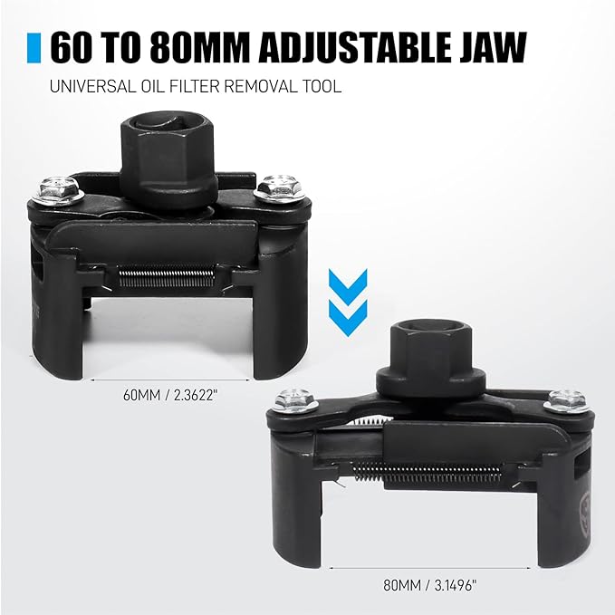Adjustable Oil Filter Wrench for 60mm-80mm, Universal Oil Filter Removal Tool 1/2'' Drive Cap Style with 2 Durable Non-Slip Serrated Jaws Special Design